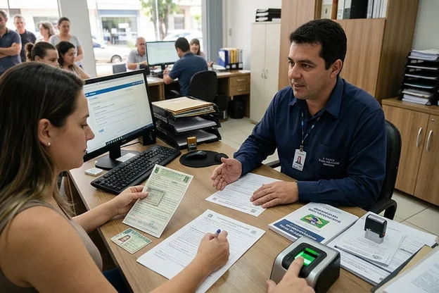 Profissional explicando processo de renovação de CNH a um cliente.