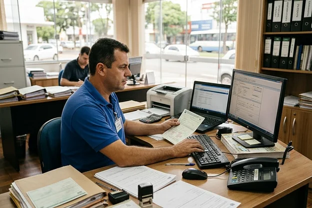 Profissional processando a transferência de veículo em despachante.